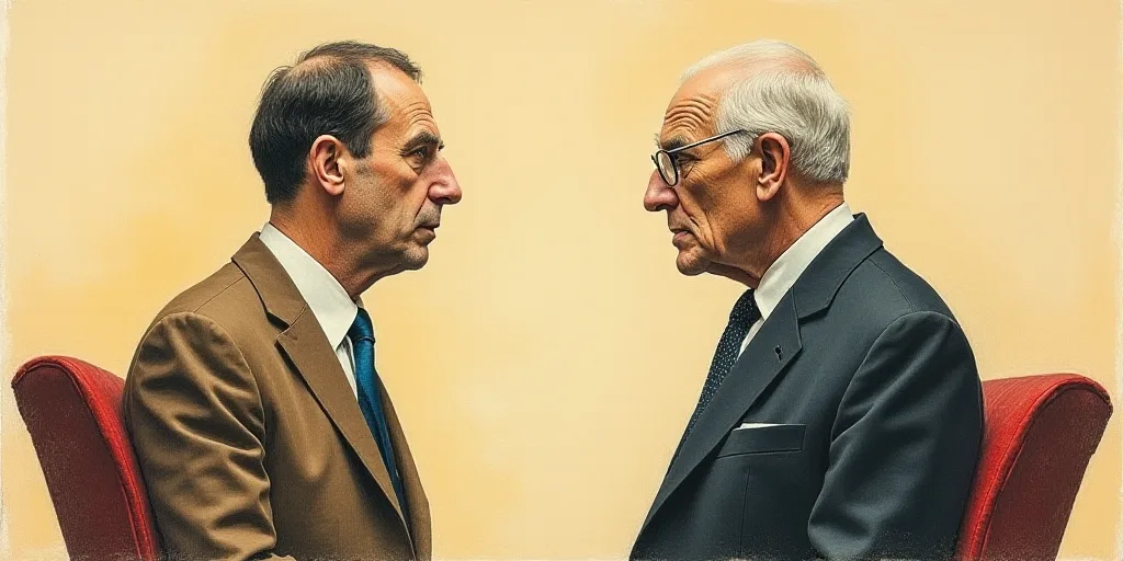 a courtroom drawing of two men facing each other and one is looking at the camera and the other is l