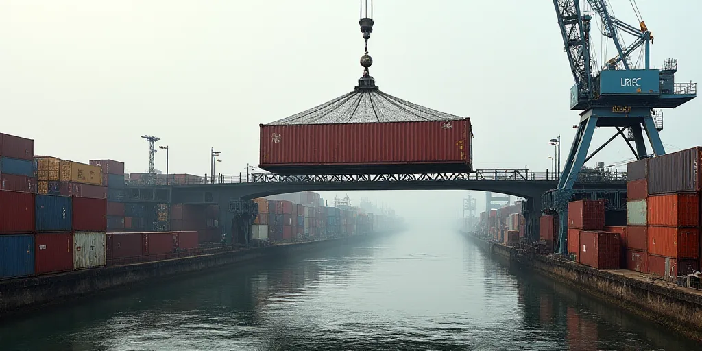 a crane is lifting a large container onto a bridge over a river of cargo containers in a container y
