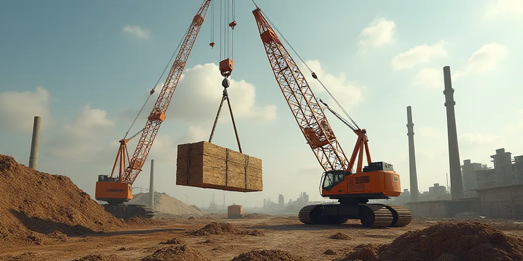 a crane is lifting a large piece of wood into the air at a construction site with a crane in the for