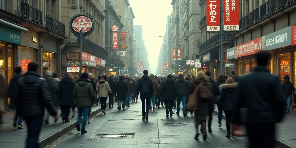 a crowd of people walking down a street next to tall buildings and a sidewalk with a sidewalk cleane