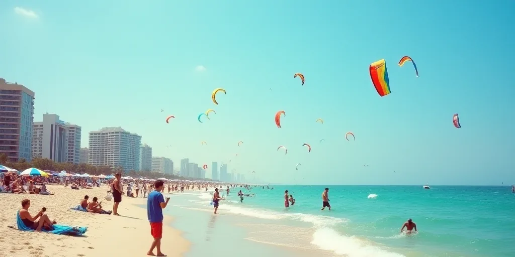 a crowded beach with people flying kites in the water and buildings in the background on a sunny day