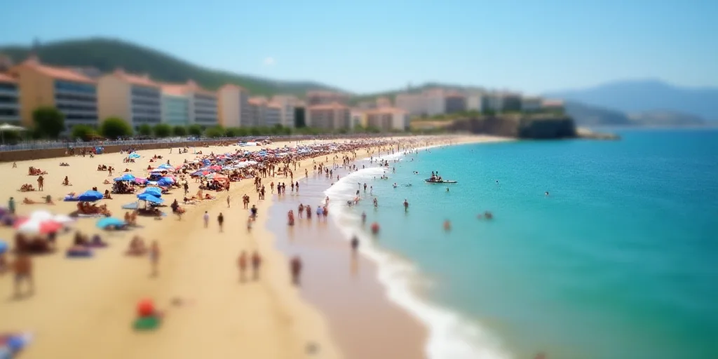 a crowded beach with people on it and buildings in the background in the day time, with a lot of peo