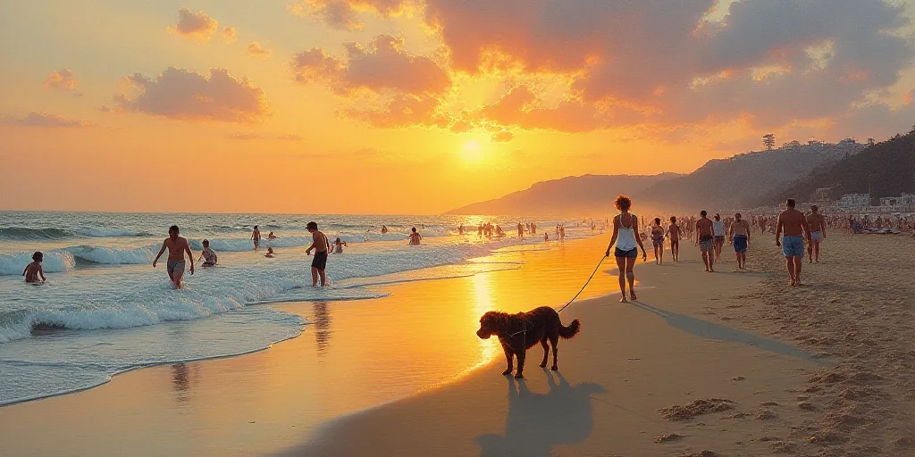 a crowded beach with people walking and playing in the water at sunset or sunrise or sunset time, wi