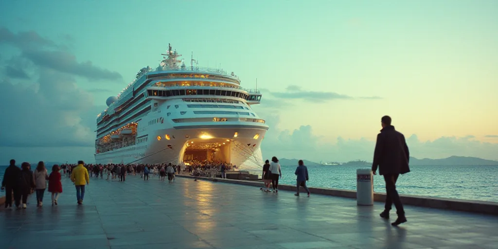 a cruise ship docked at a pier with people walking on the pier and a man walking on the pier, Conroy