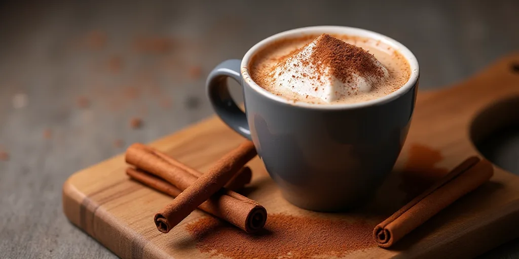 a cup of hot chocolate with cinnamon sticks on a cutting board next to it and cinnamon sticks on the