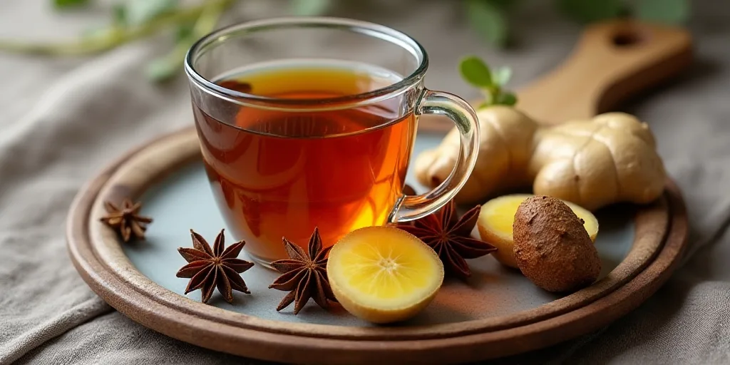 a cup of tea with ginger and anise on a plate next to a cutting board with ginger and anise, Camille