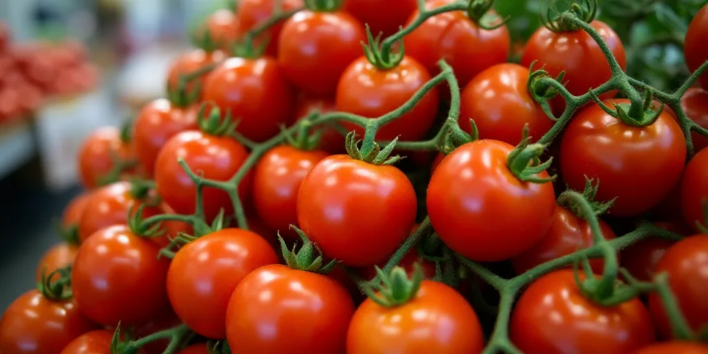 a display of tomatoes on the vine for sale at a store in the uk, with a price tag, Anne Rigney, vine