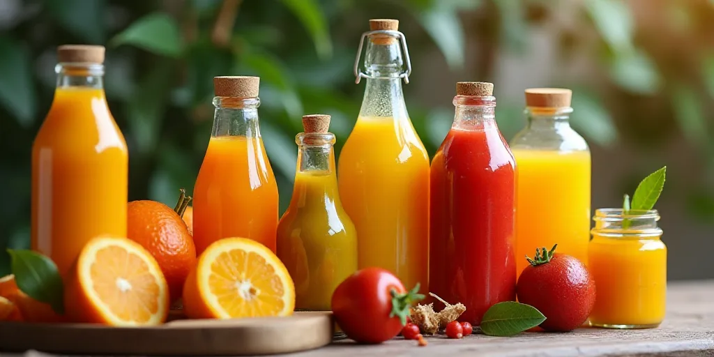a display of various types of food in bottles and bottles of juices and condiments on a table, Cefer