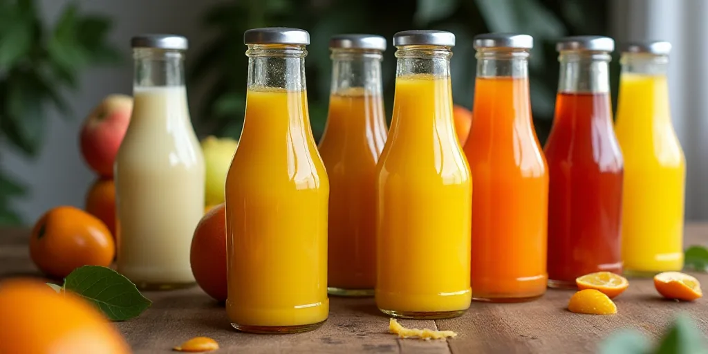 a display of various types of food in bottles and bottles of juices and condiments on a table, Cefer