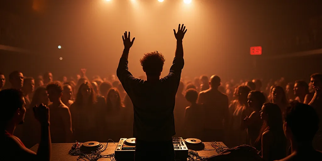 a dj performing at a party with a crowd of people watching him and his hands up in the air, Antoni P