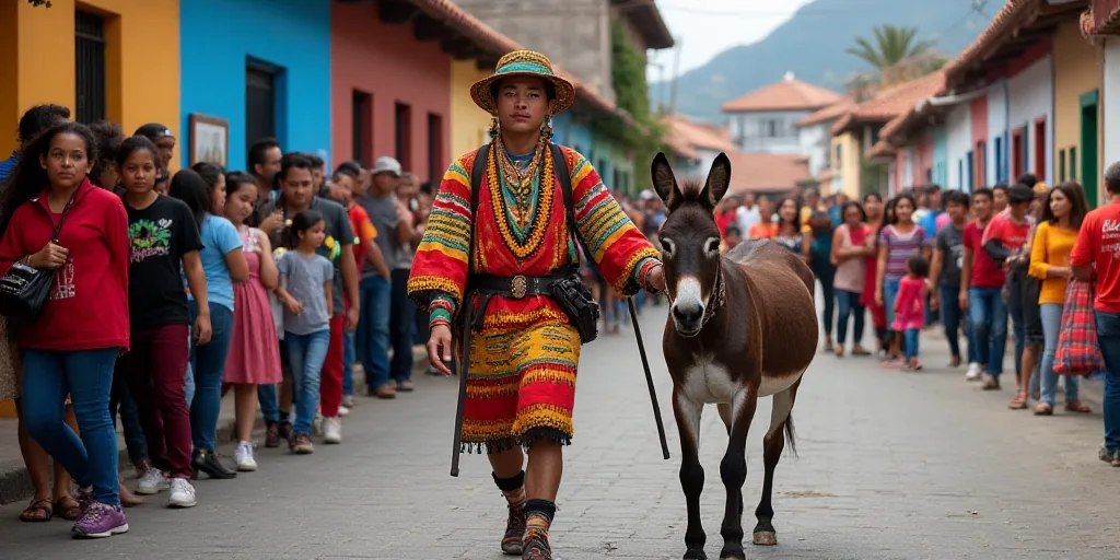 a donkey being led down a street by a man in a colorful outfit and a group of people in colorful clo