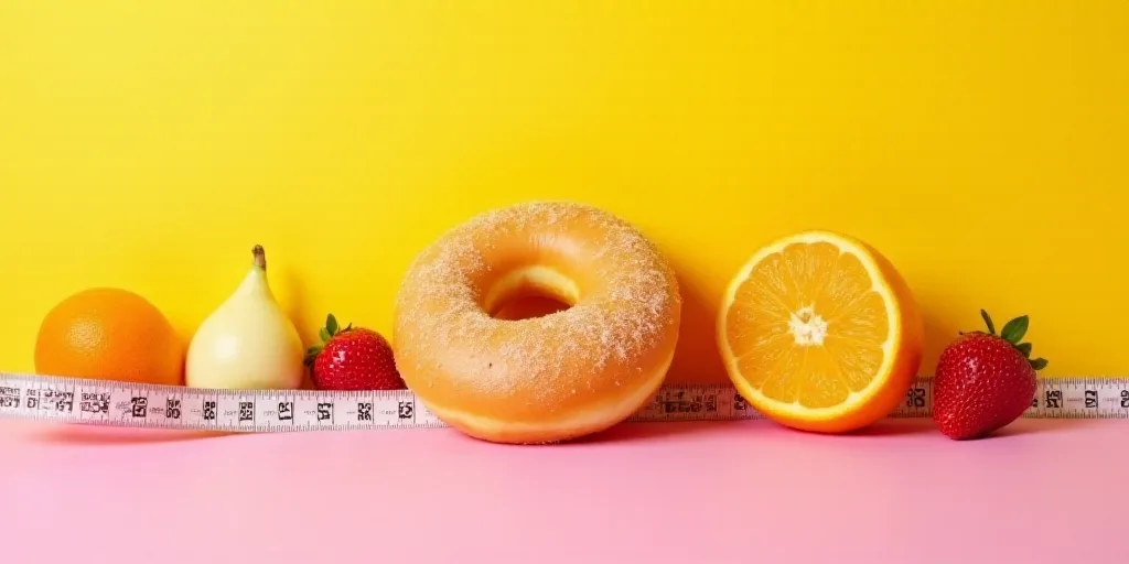 a doughnut, orange, and other food items are arranged on a yellow and pink background with a measuri