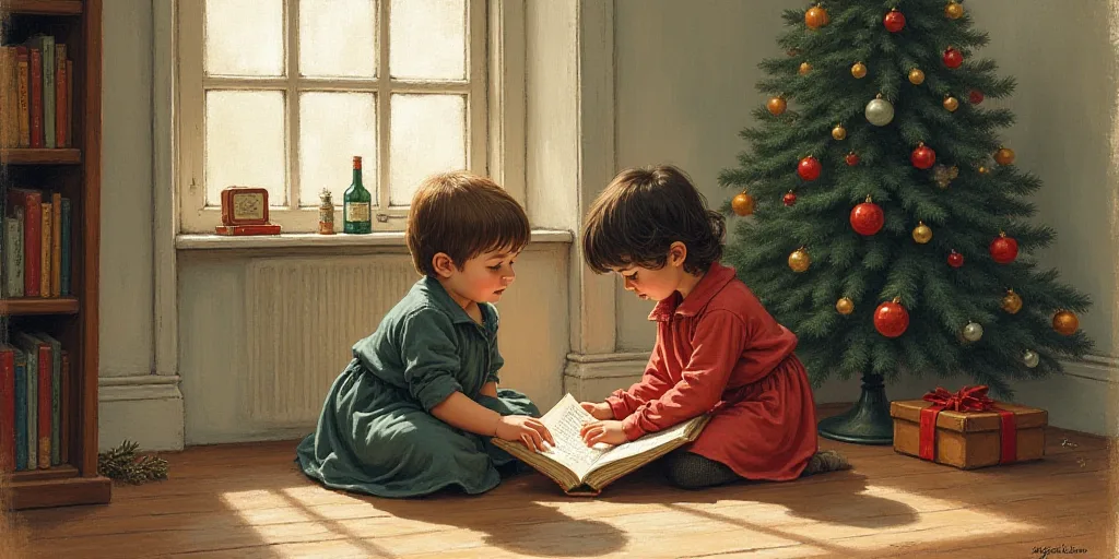 a drawing of two children reading a book together in a room with a window and a christmas tree in th
