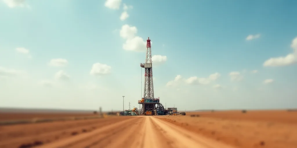 a drilling rig in the middle of a desert with a sky background and a dirt field with a dirt road, En
