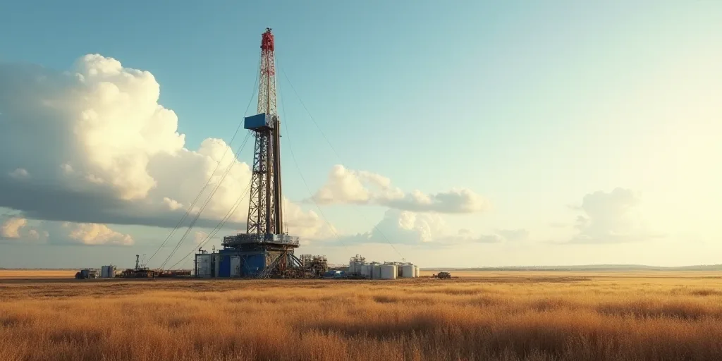 a drilling rig is shown in the middle of a field with a sky background and clouds in the background,