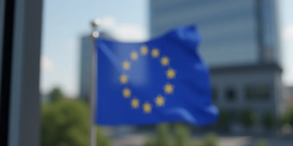 a european flag and a euro sign are seen through a window with glass in the foreground and a buildin