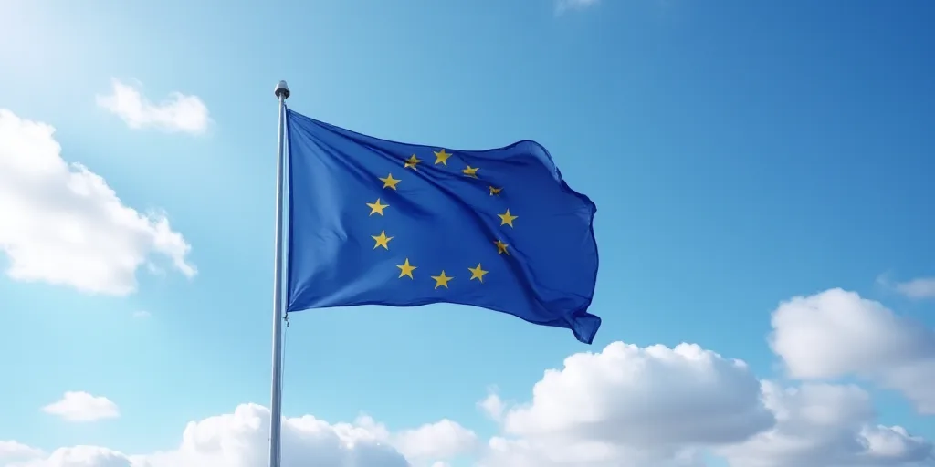 a european flag flying in the wind on a sunny day with clouds in the background and a blue sky with