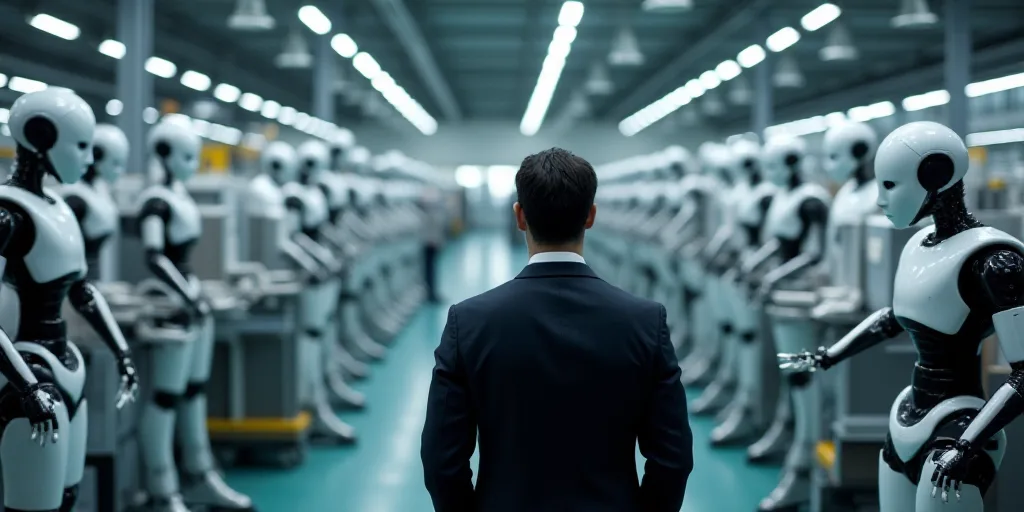 a factory with robots working on machinery in it's assembly line and a man in a suit standing in fro
