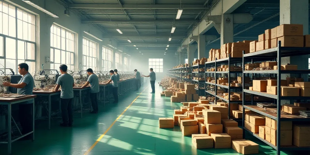 a factory with workers working on machines and a lot of boxes on the floor and shelves full of items