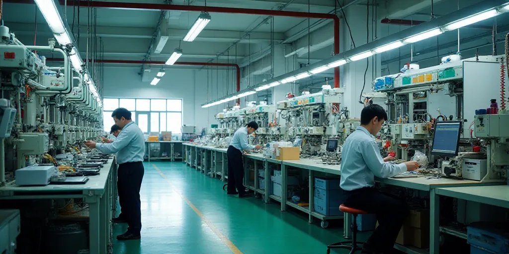 a factory with workers working on machines and other items in it's assembly line, with workers worki