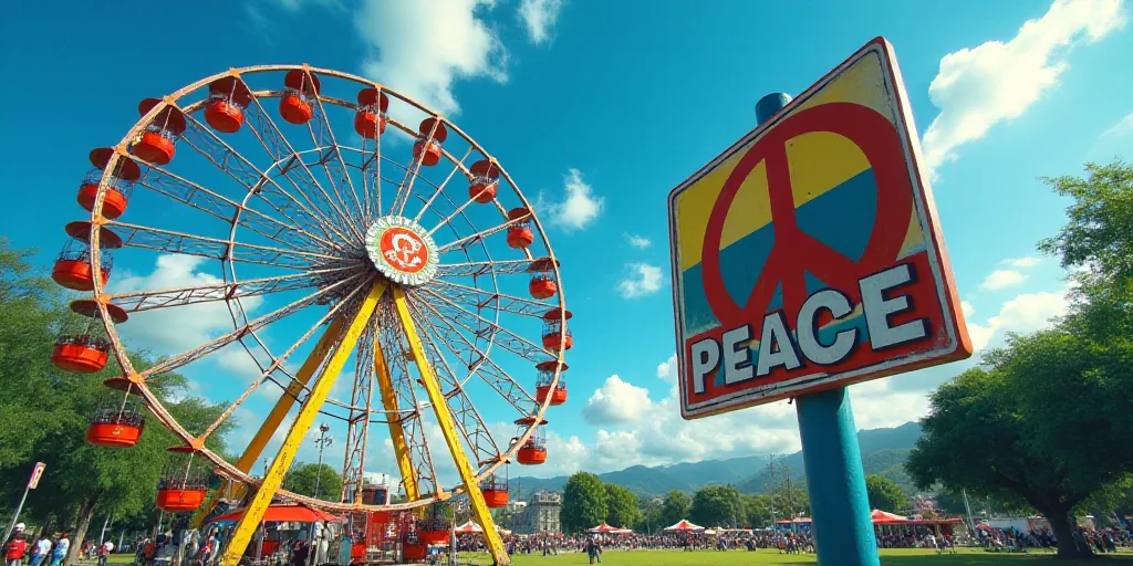 a ferris wheel and a sign that says peace in front of a park with a blue sky in the background, Fede