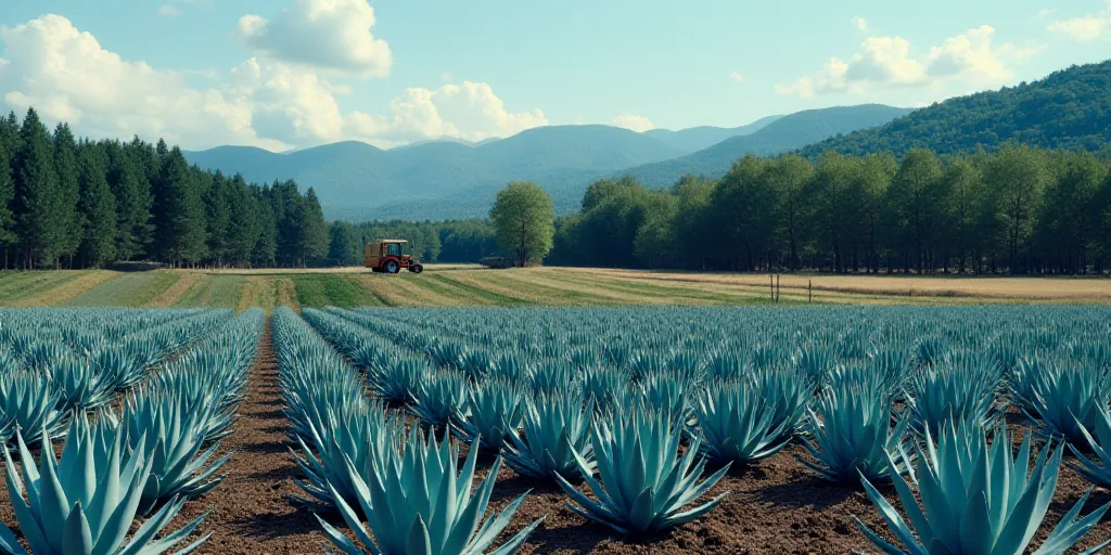 a field of blue agave plants in front of a forest of trees and a hill with a tractor, Ceferí Olivé