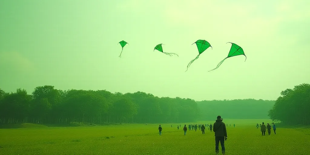 a field with a bunch of people in it with some green kites in the air and some trees in the backgrou