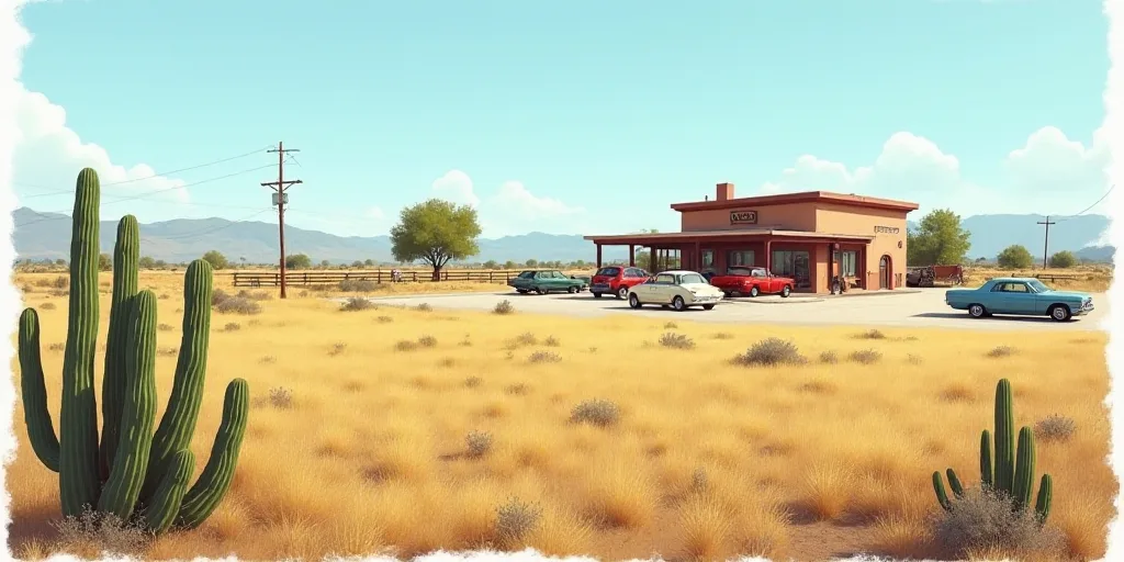 a field with a fence and a building in the background with cars parked in the lot and a cactus in th