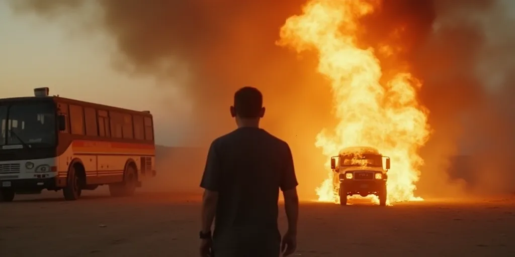 a fire is burning in the background of a bus and a truck on fire in the foreground, and a man standi