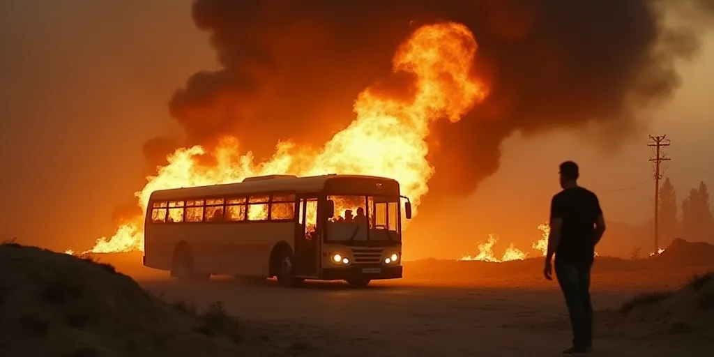 a fire is burning in the background of a bus and a truck on fire in the foreground, and a man standi