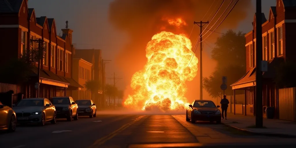 a fire is burning in the middle of a street with cars parked on the side of the road and a fireman s