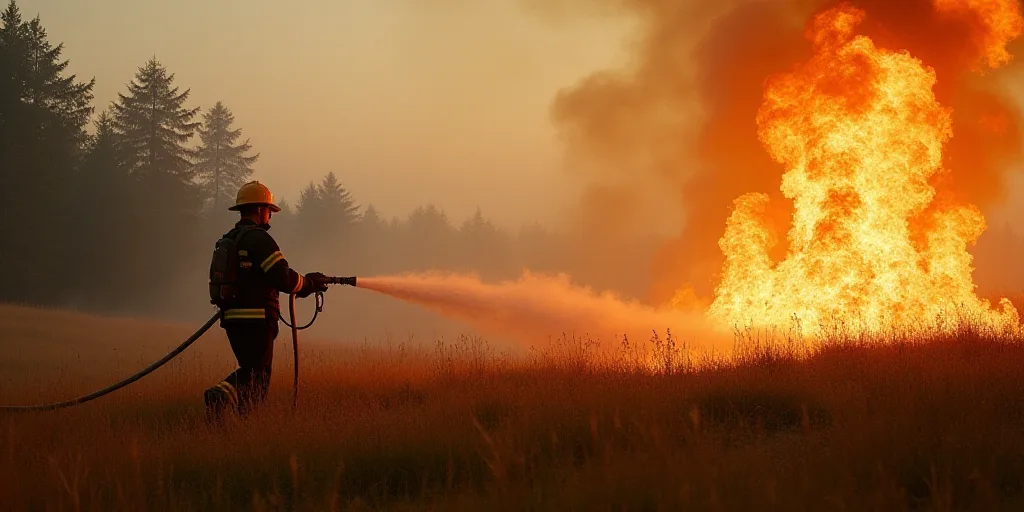 a firefighter is using a hose to extinguish a fire in a field of grass and trees, Avgust Černigoj,