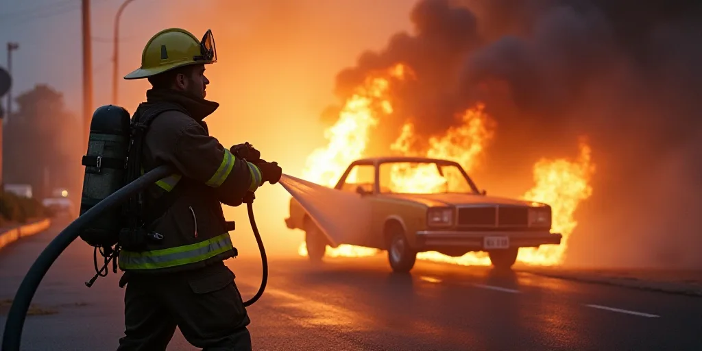 a firefighter is using a hose to extinguish a car fire that is burning in the background, Carl Gusta
