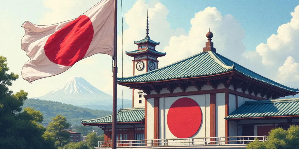 a flag flying in front of a building with a clock tower in the background and a large building with
