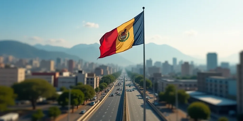 a flag flying in the air over a city with a freeway and mountains in the background in a city, Carlo