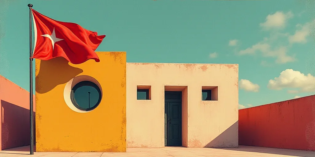 a flag flying in the wind next to a building with a sky background and a circular window in the cent