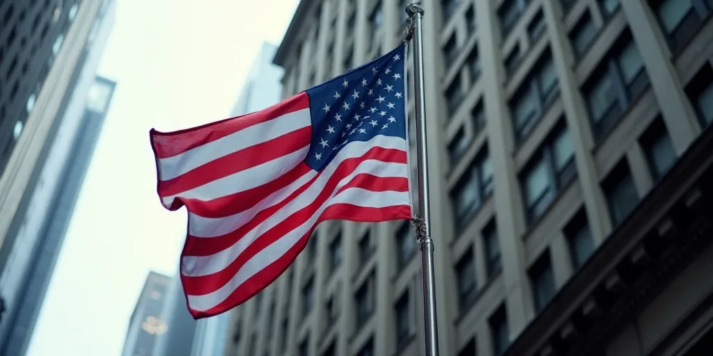 a flag is flying on the corner of a building in new york city, usa, on a flagpole, Andries Stock, sh