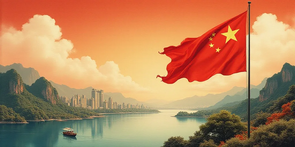 a flag with a city in the background in the foreground of a body of water with a boat in the foregro