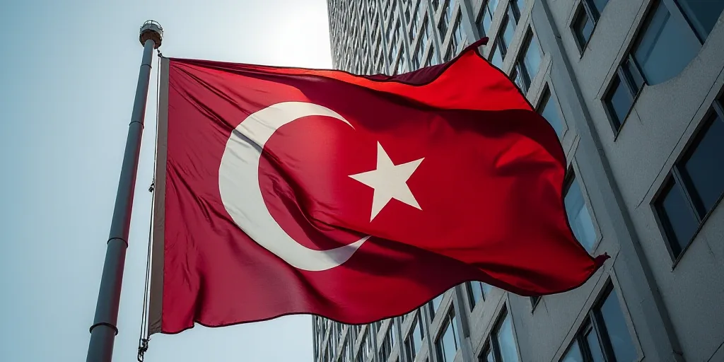 a flag with a star and a crescent on it flying in front of a tall building with windows in the backg