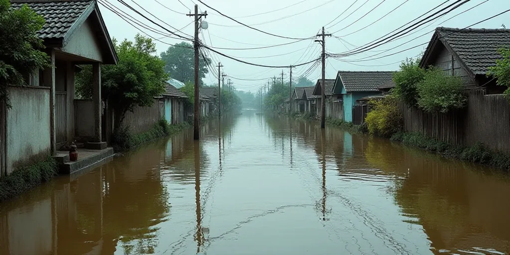 a flooded street with a lot of houses and buildings in the background and a river running through th