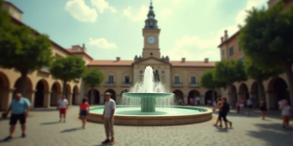 a fountain in front of a building with a clock tower in the background and people walking around it