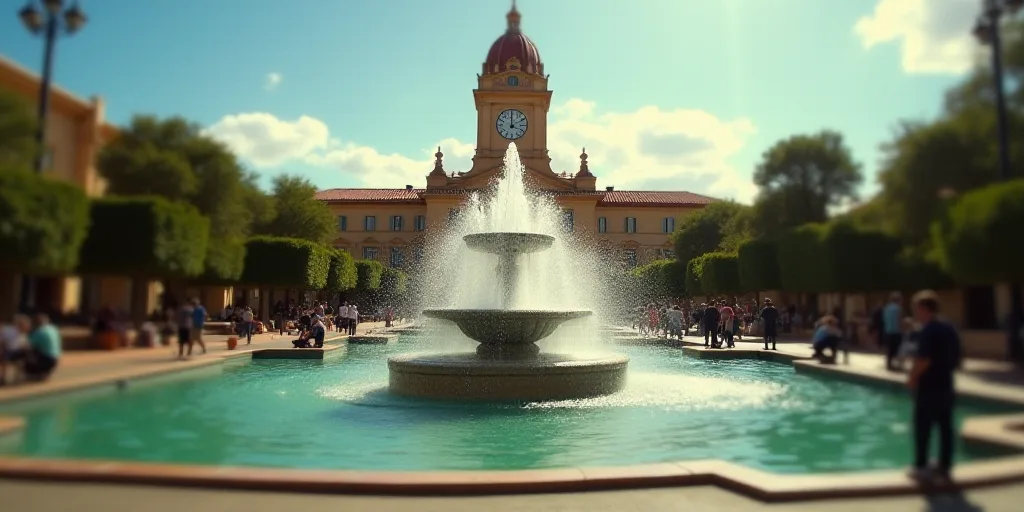 a fountain in front of a building with a clock tower in the background and people walking around it
