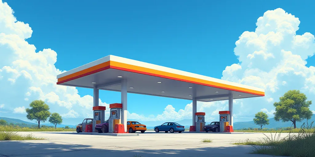 a gas station with a bright blue sky and clouds in the background and a few cars parked at the gas p