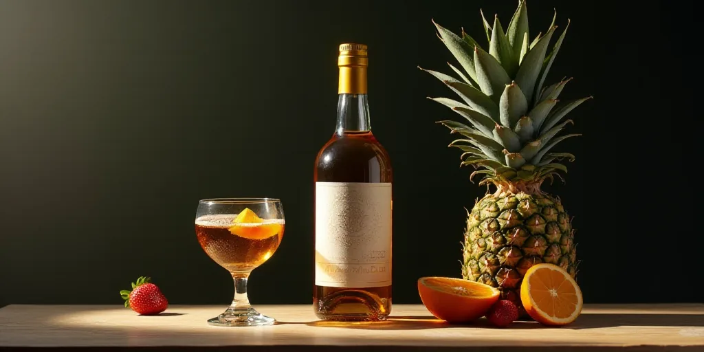 a glass of alcohol next to a bottle of alcohol and a vase with a pineapple on it on a table, Andrew