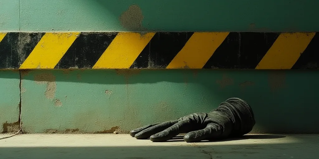 a glove and a caution tape on the ground next to a wall with a yellow and black stripe on it, Federi