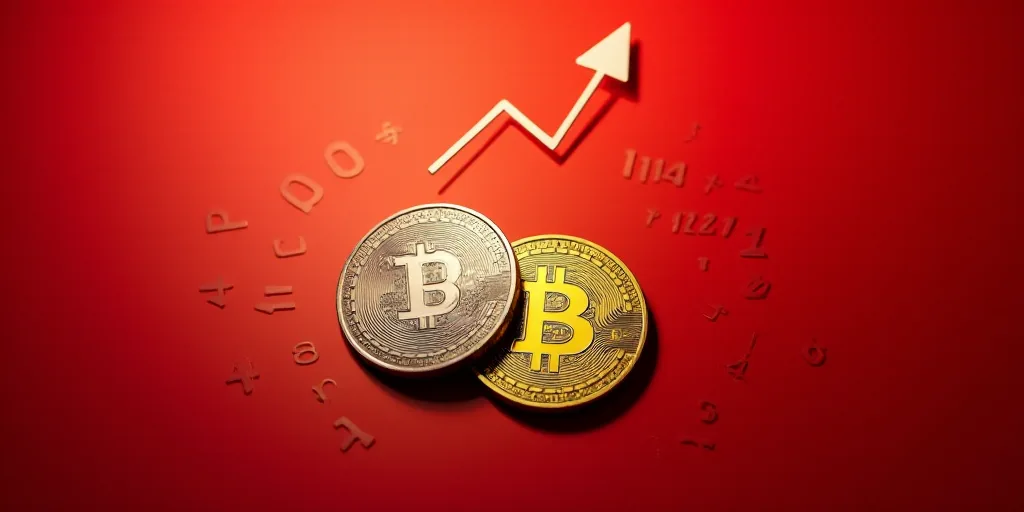 a gold and silver coin with an arrow pointing up on a red background with numbers and symbols in the