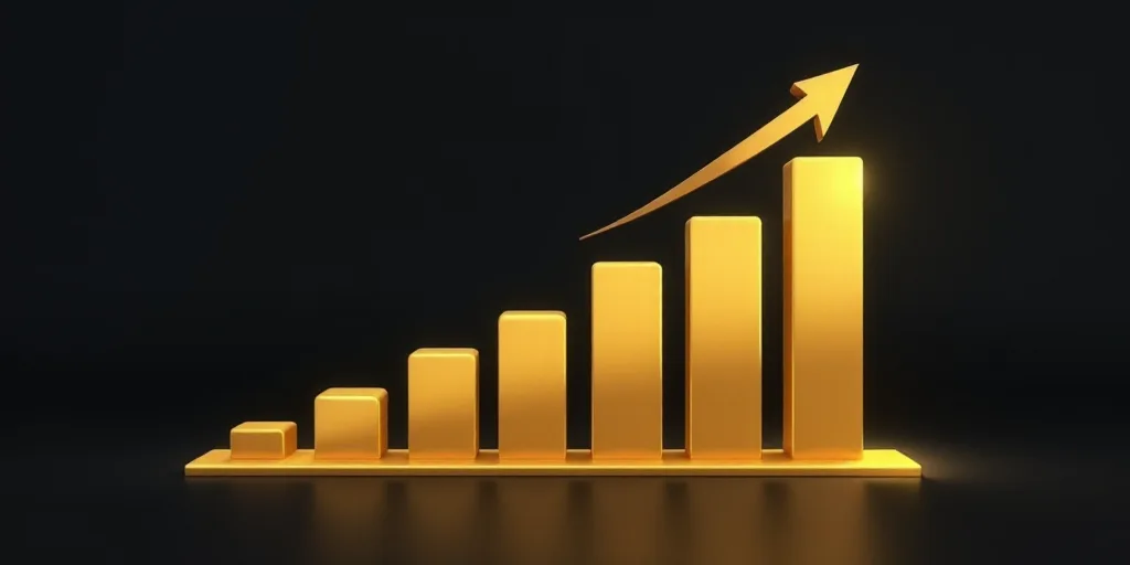 a gold bar chart with an arrow going up and down the line of gold bars with a gold arrow going down,