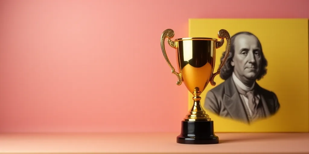 a golden trophy sitting on top of a table next to a pink and yellow background with a picture of fra