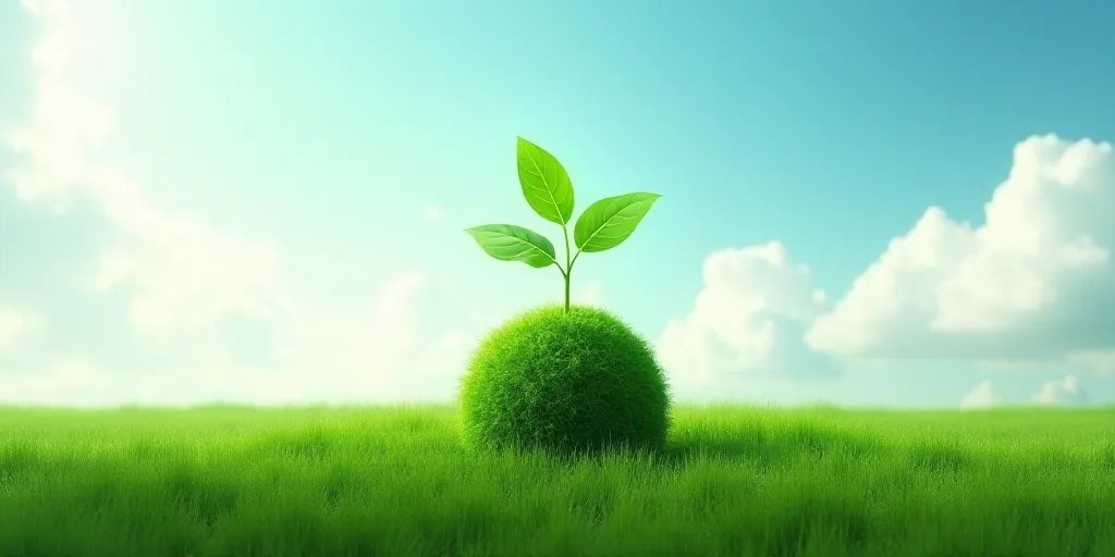 a green earth with a plant growing out of it's center and a sky background with clouds in the backgr