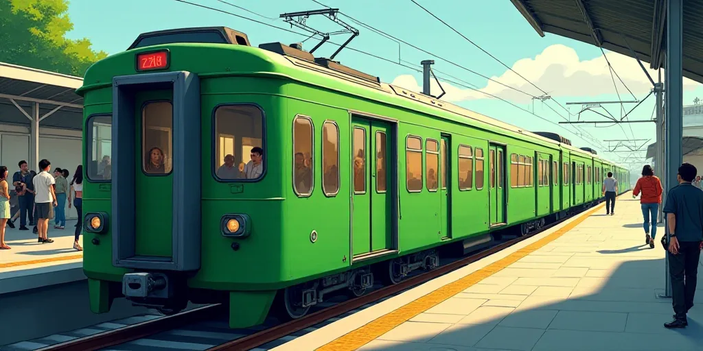 a green train is parked at a station with people waiting on the platform to board it and the train i